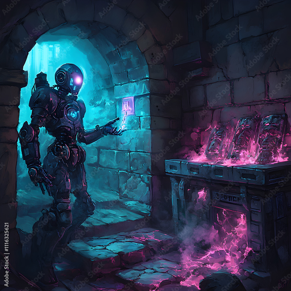 Poster ai automaton unlocking secrets in gothic ruins digital art mysterious environment sci-fi concept