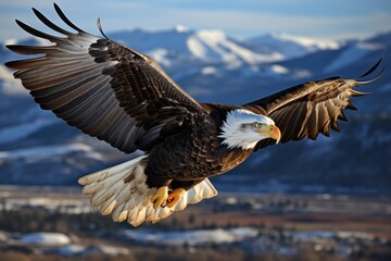Fototapeta premium Majestic Bald Eagle Soaring Above Mountainous Landscape with Snow-Capped Peaks and Clear Blue Sky Showcasing Wilderness and Natural Beauty