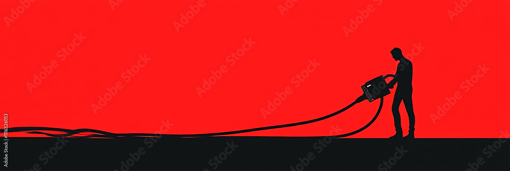 Poster a minimalist figure of a man holding a large power cable, symbolizing system reboots and troubleshoo