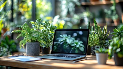 Lush Indoor Plant Workspace with Laptop Surrounded by Vibrant Green Foliage and Natural Light, Creating a Calm and Productive Environment for Work and Creativity