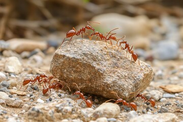 Ants in action, portraying persistence and cooperation to achieve a challenging task in nature
