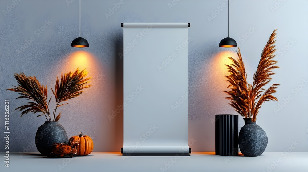 Poster minimalist and modern studio setting with an empty roll up banner and focused lighting on a clean wh