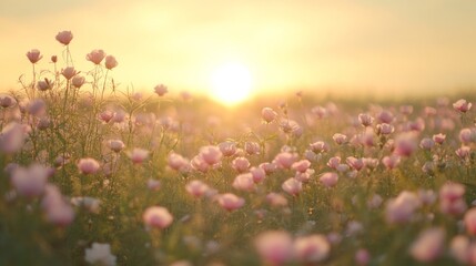 Sunset over a field of delicate pink flowers.