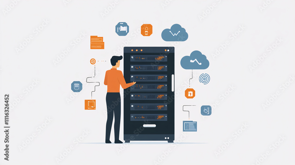 Poster a minimalist figure of an it professional standing next to a server rack, surrounded by minimal clou