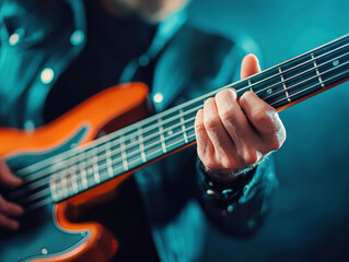concept of rock and classic music is displayed as bassist plays melodic chords, showcasing energy and passion