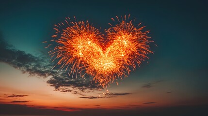 Fiery heart-shaped fireworks display at sunset.