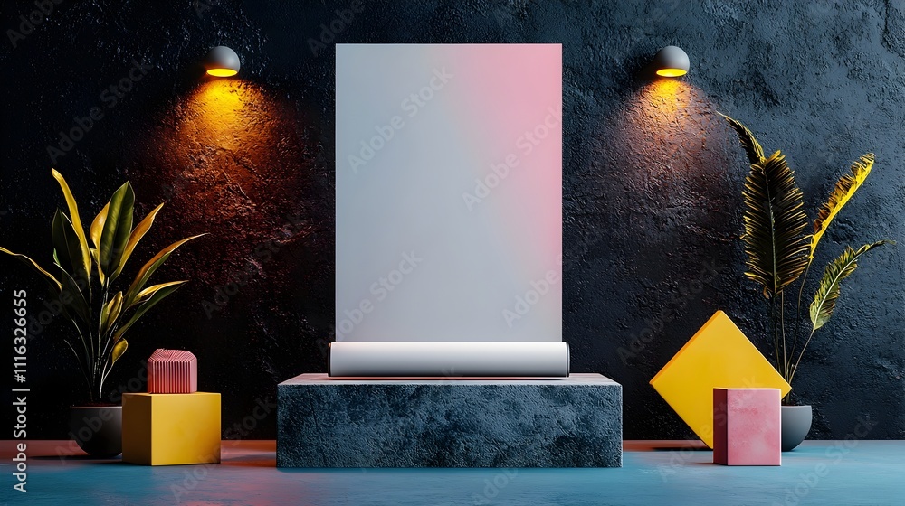 Poster minimalistic and sleek roll up banner backdrop set in a modern studio environment with dramatic spot