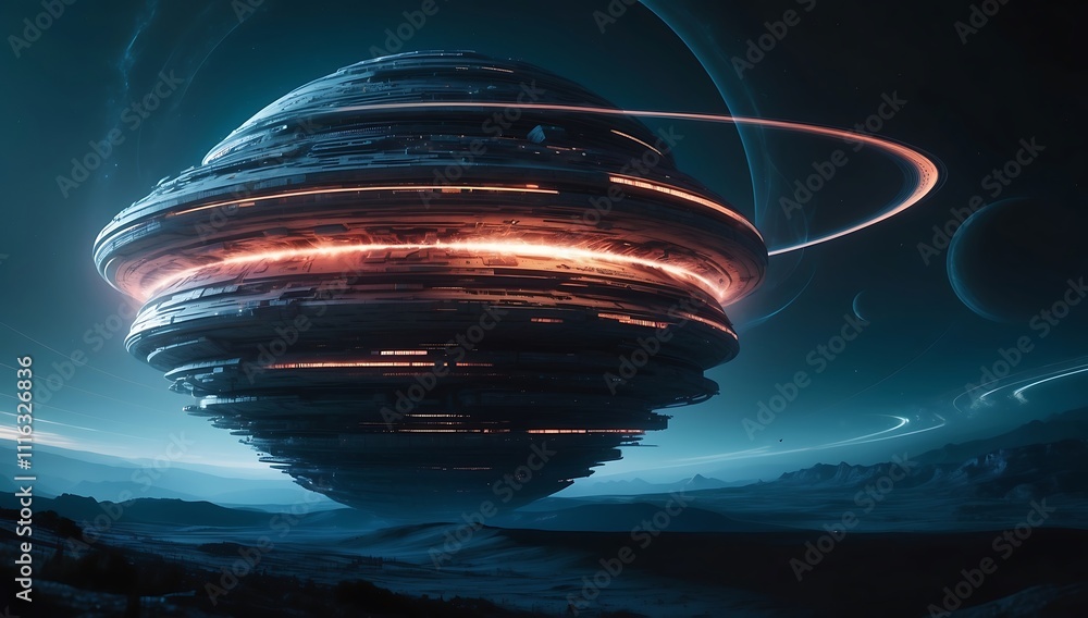 Poster cosmic citadel: a mesmerizing digital art rendering of a colossal, layered space station, glowing wi