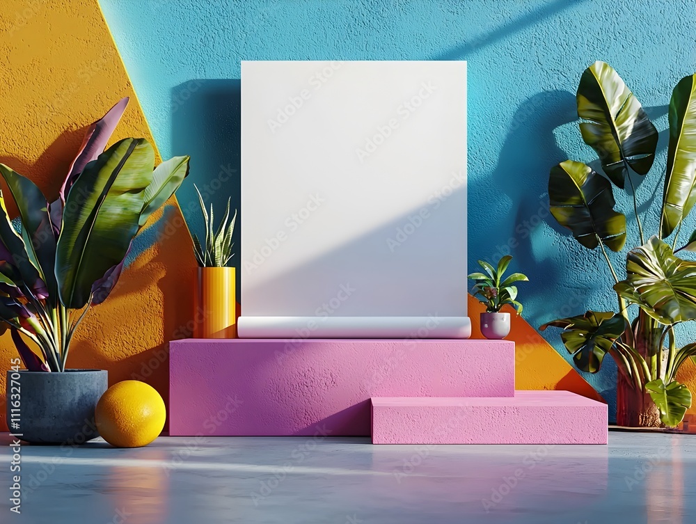 Poster blank and versatile white roll up banner in a minimalist 3d studio setting with abstract geometric c