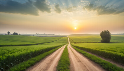 Fototapeta premium Sunset country road through green fields