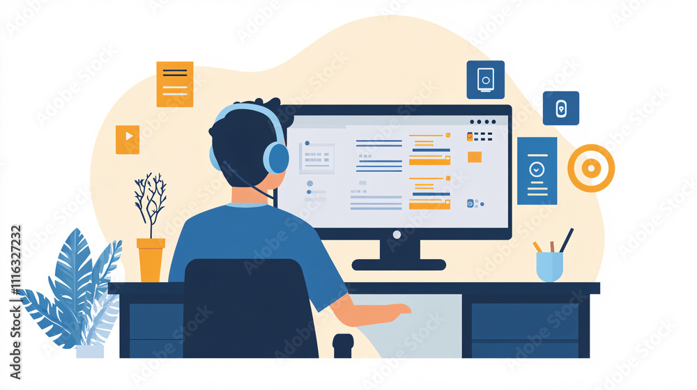 Poster a minimalist flat vector of an it support technician with a headset, next to a large monitor, in a c