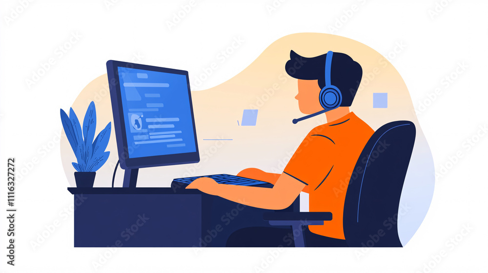 Poster a minimalist flat vector of an it support technician with a headset, next to a large monitor, in a c