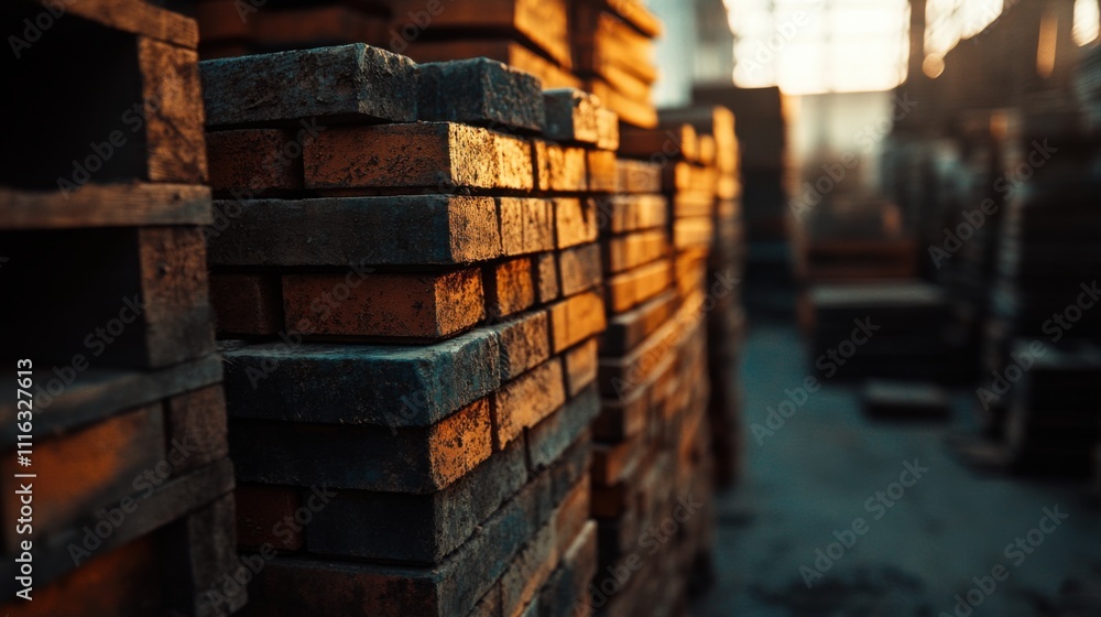 Poster stacked wooden pallets in a warehouse bathed in warm sunset light, showcasing textures and patterns 