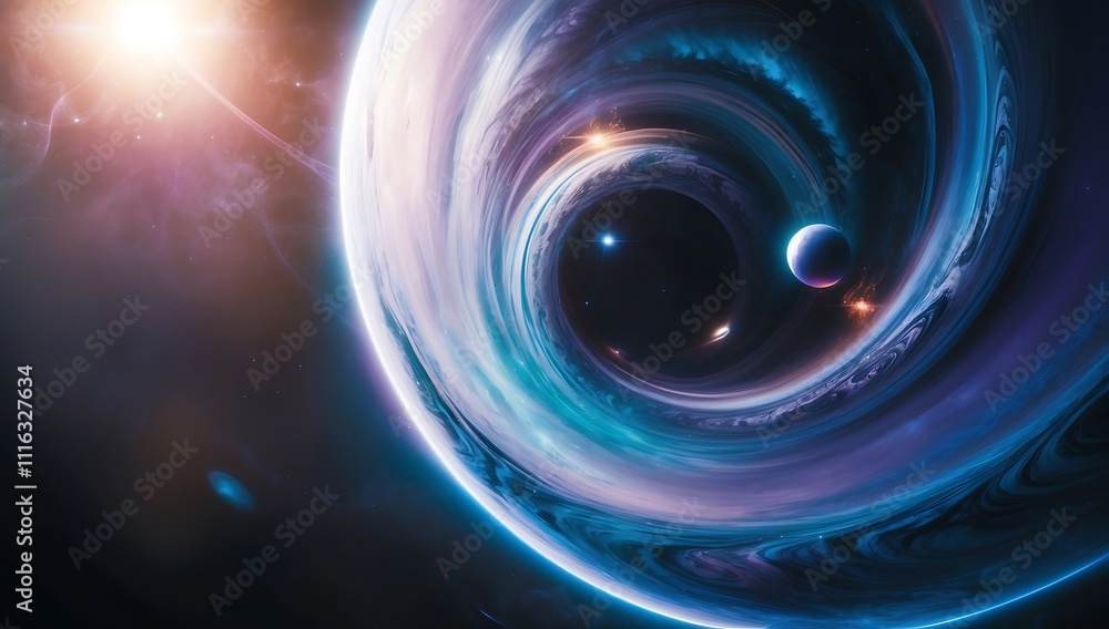 Poster cosmic vortex: a mesmerizing swirl of celestial energy, planets orbiting a luminous singularity. a b