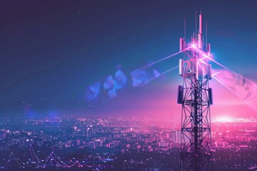 A futuristic telecommunications tower emitting signals over a cityscape.