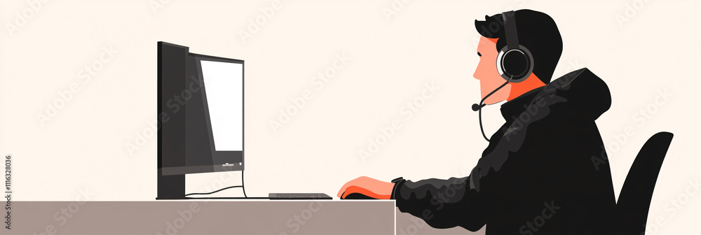 Poster a minimalist it support man avatar with a sleek headset, sitting at a desk with a monitor, in a simp