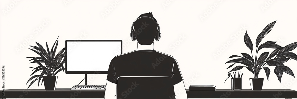 Poster a minimalist it support man avatar with a sleek headset, sitting at a desk with a monitor, in a simp