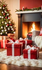 Christmas tree with fireplace with fire , armchair, presents on a fluffy carpet, Christmas card