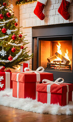 Christmas tree with fireplace with fire , with socks, presents on a fluffy carpet, Christmas card