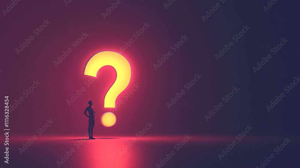 Poster a minimalist it support man icon standing next to a large glowing question mark, symbolizing technic