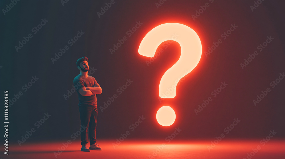 Poster a minimalist it support man icon standing next to a large glowing question mark, symbolizing technic