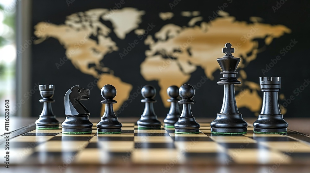 Poster a chessboard with black pieces set against a world map backdrop, symbolizing strategy and global com