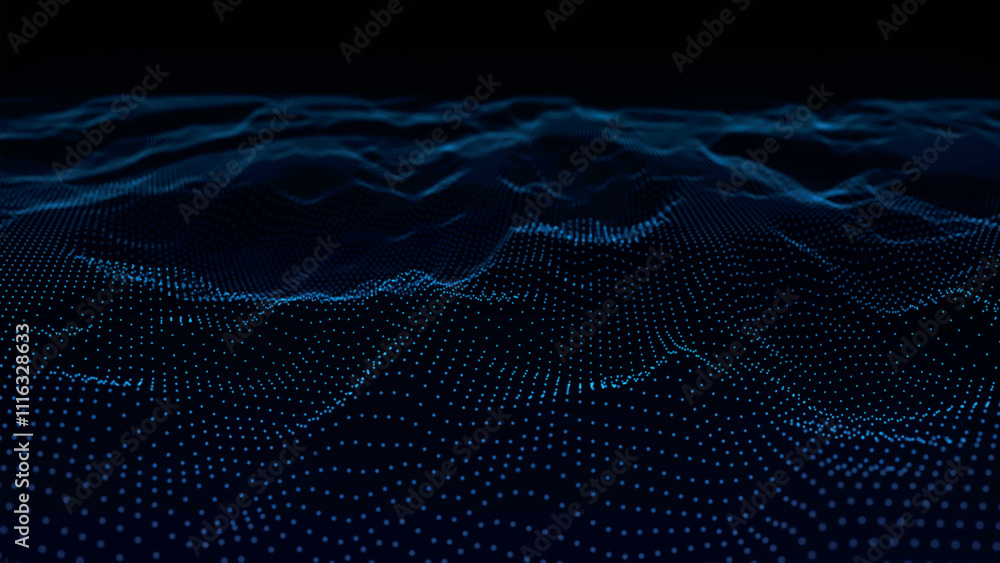 Poster futuristic point wave of particles. visualization of sound waves. dark background. technology or sci