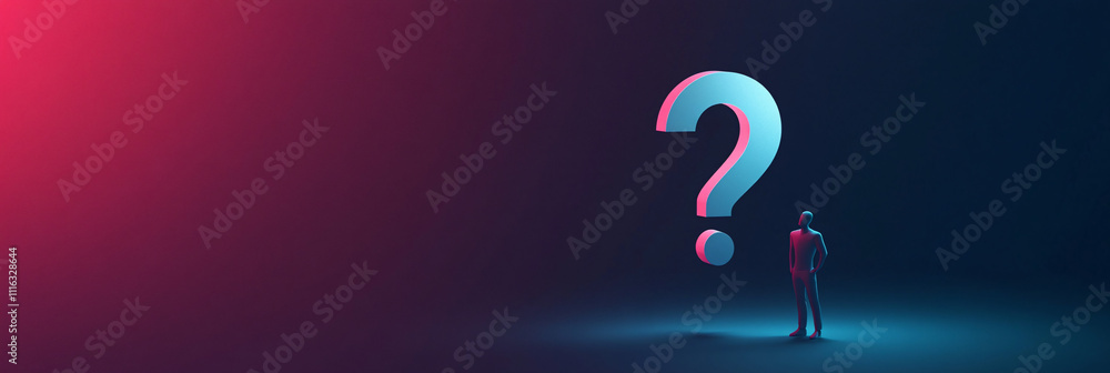 Poster a minimalist it support man icon standing next to a large glowing question mark, symbolizing technic