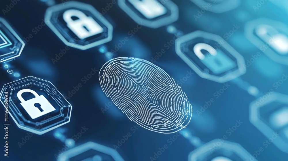 Poster a digital fingerprint surrounded by security icons represents advanced authentication and cybersecur