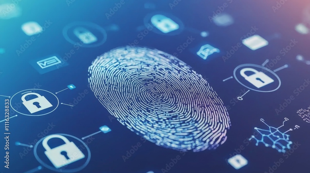 Poster a digital fingerprint surrounded by security icons represents identity verification and cybersecurit