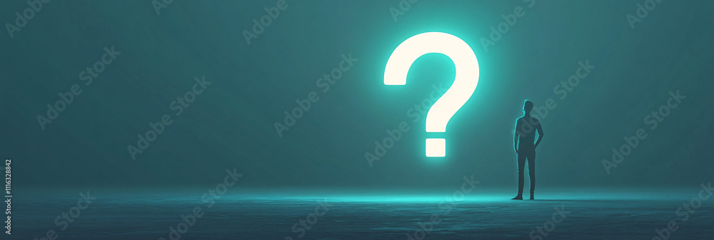 Poster a minimalist it support man icon standing next to a large glowing question mark, symbolizing technic