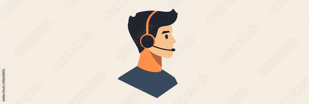 Poster a minimalist it support man icon, wearing a headset, with a clean background and subtle lines repres