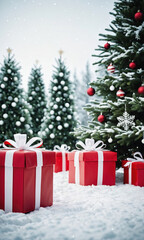 New Year's Eve fir trees outside in the snow amidst the presents