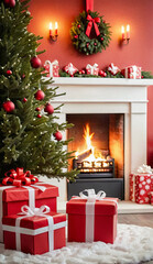 Christmas tree with decorated fireplace, gifts, Christmas postcard