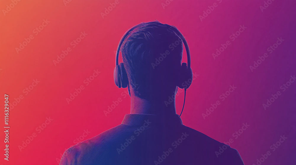 Poster a minimalist it support man icon, wearing a headset, with a clean background and subtle lines repres