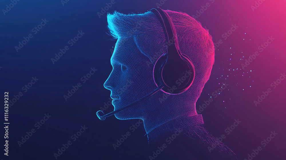Poster a minimalist it support man icon, wearing a headset, with a clean background and subtle lines repres