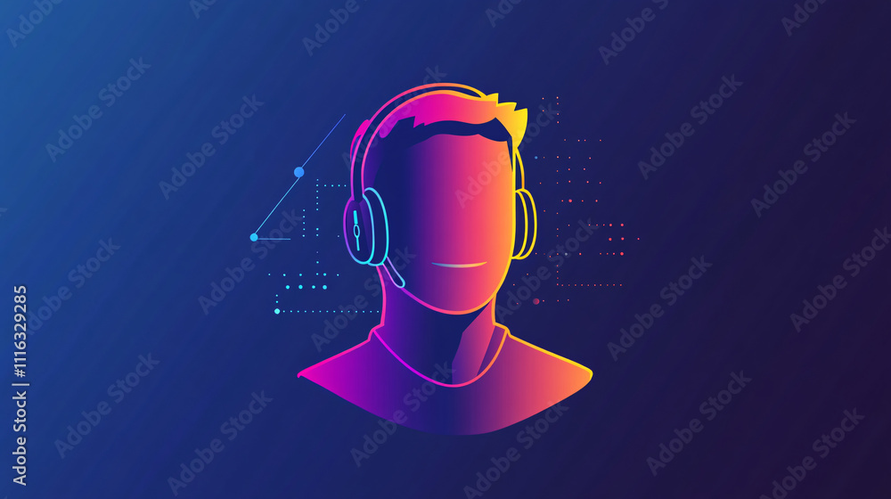 Poster a minimalist it support man icon, wearing a headset, with a clean background and subtle lines repres