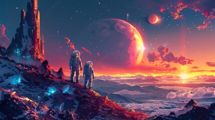 Fototapeta premium Three astronauts in spacesuits stand on a rocky alien landscape under a vivid sky featuring a massive planet and distant moons. 
