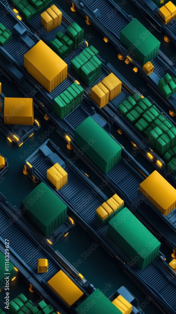 Poster aerial view of colorful shipping containers arranged in rows, showcasing a vibrant logistics scene.