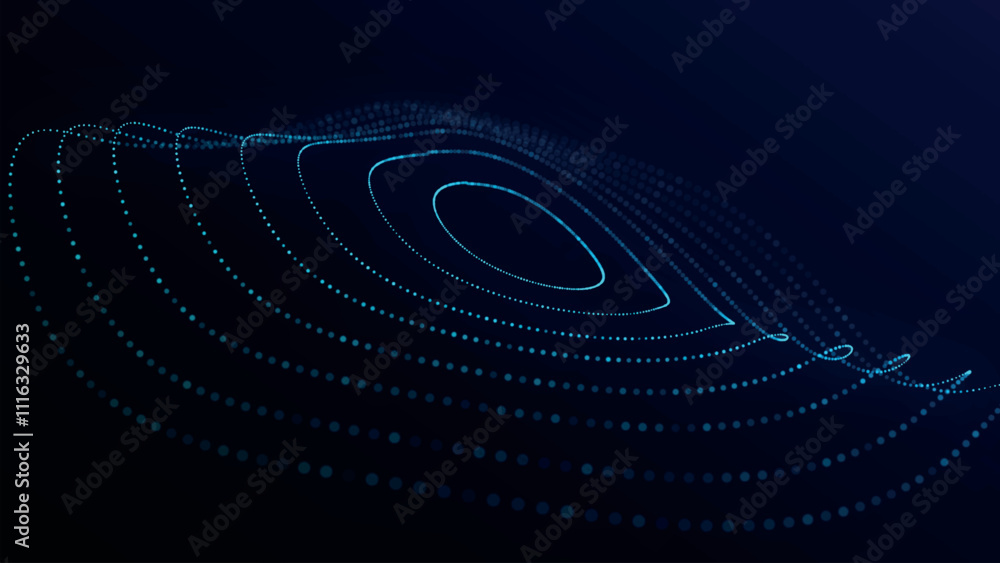 Poster futuristic dotted, circular particle wave. sound waves visualization. dark background. technology or