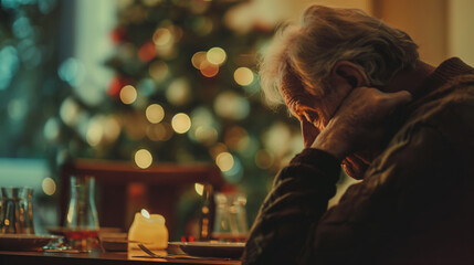Elderly person spending Christmas alone in empty home without family. Old woman sitting at the table, decorated Christmas tree in the background. Concept: Loneliness and poverty among older people
