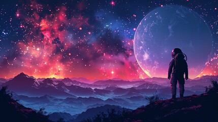 Obraz premium Three astronauts in spacesuits stand on a rocky alien landscape under a vivid sky featuring a massive planet and distant moons. 