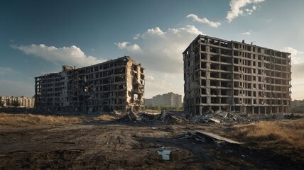 Fototapeta premium Destroyed apartment buildings with multiple floors exposed and debris scattered around, dramatic sky with white clouds, depicting urban destruction in wartime conditions
