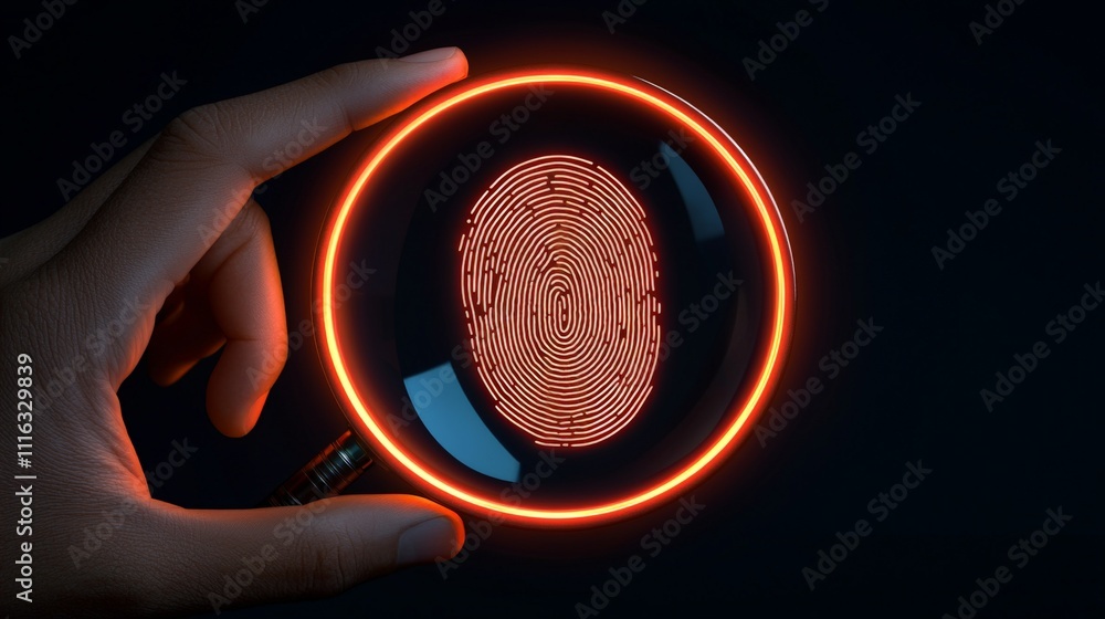 Poster a hand holds a circular device displaying a glowing fingerprint, symbolizing biometric security and 
