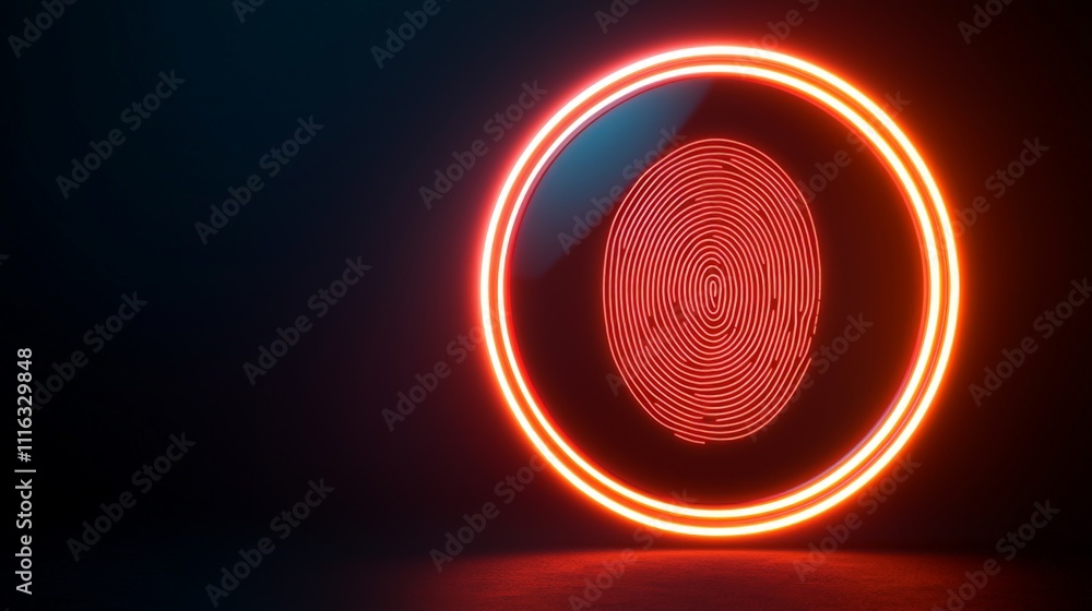 Poster a glowing fingerprint pattern inside a circular neon frame, set against a dark background, symbolizi