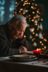 Elderly person spending Christmas alone in empty home without family. Old sad man sitting at the table, decorated Christmas tree in the background. Concept: Loneliness and poverty among older people