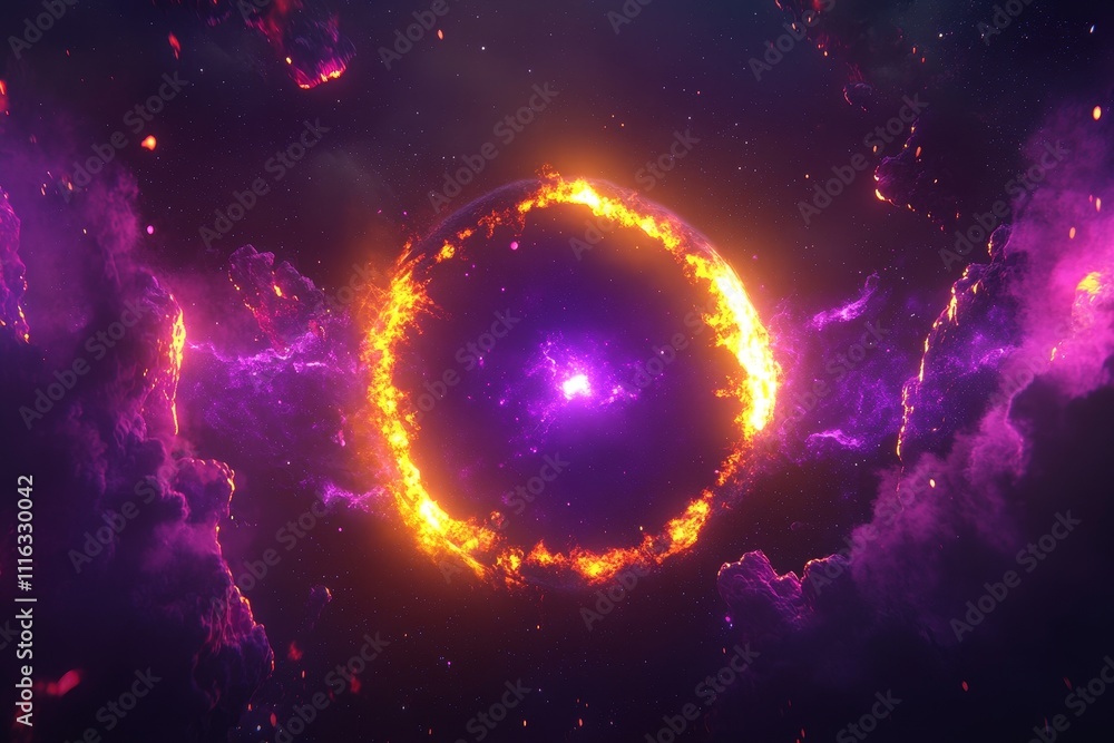 Poster stunning vibrant cosmic scene featuring a fiery glowing ring surrounded by colorful nebula clouds in