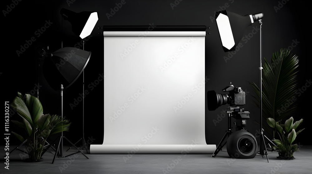 Poster sophisticated and sleek minimalist photography studio setting with blank roll up display and dramati