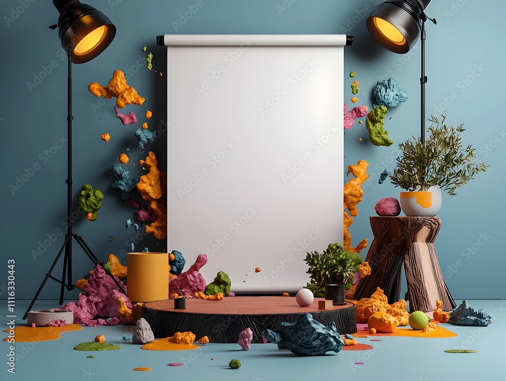 Poster blank white roll up display or banner in a well lit airy photography studio with overhead studio lig