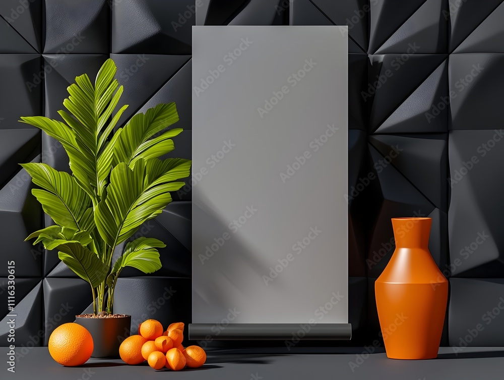Poster 3d rendering of an elegant corporate roll up banner displayed in a bright well lit studio setting wi